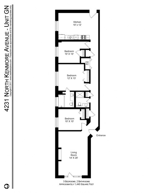 Floor plan for 3 beds, 2 baths, 1440 sqft